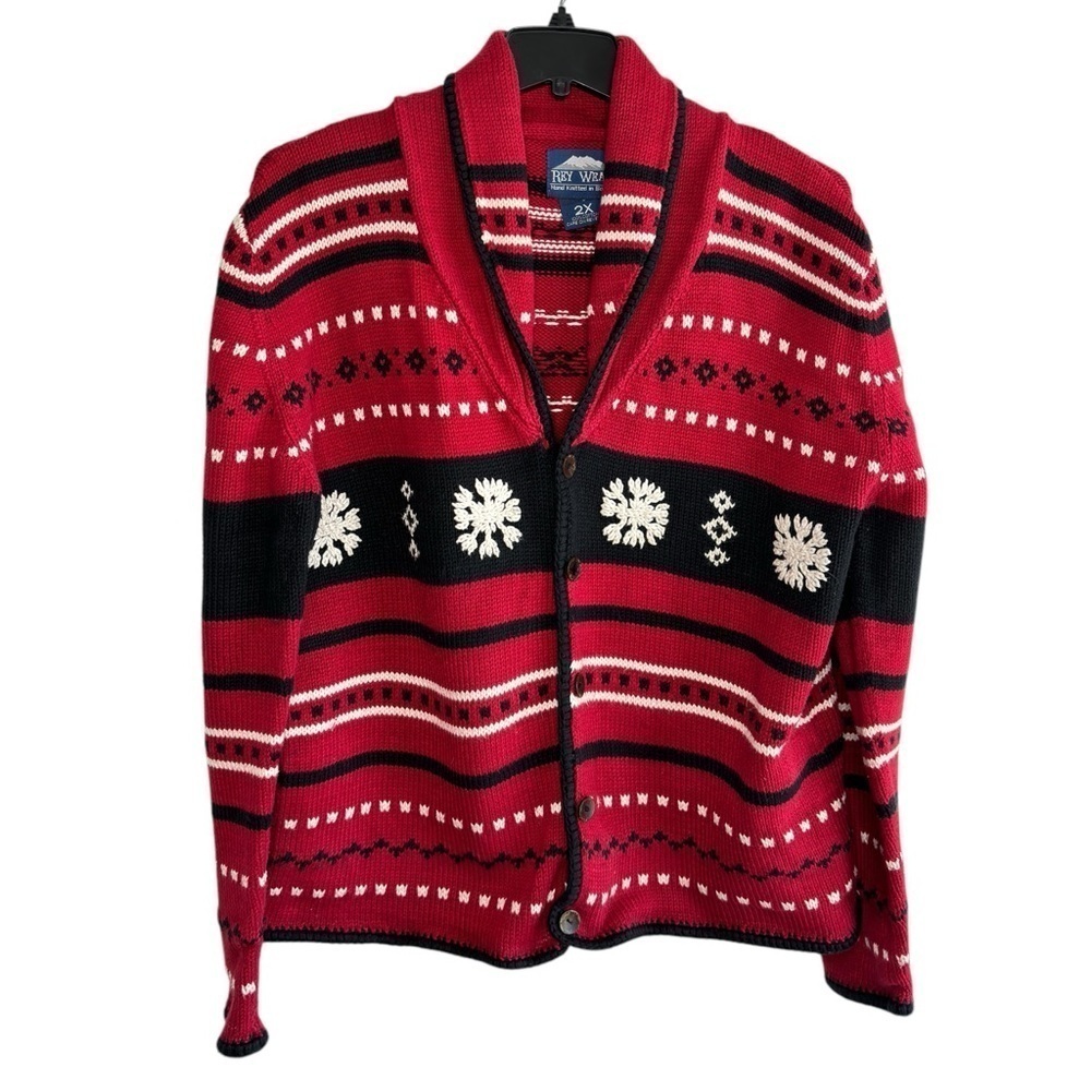 VTG Rey Wear Handmade Sweater Size 2X Red Holiday Snowflake Cottagecore Cotton